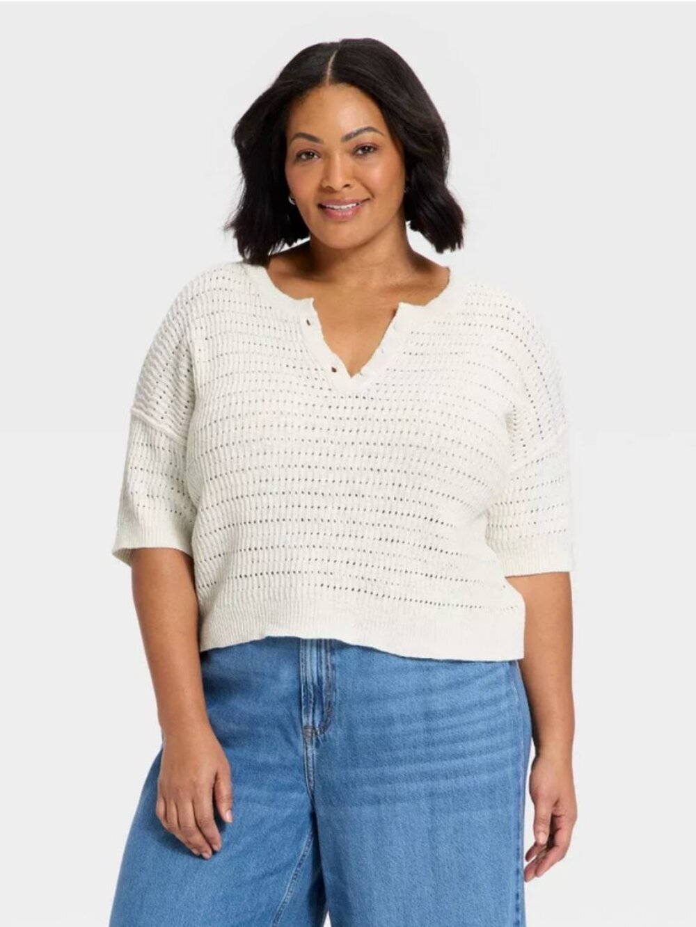 Women's Short Sleeve Button-Up Crewneck Pullover Sweater - Universal Thread Crea